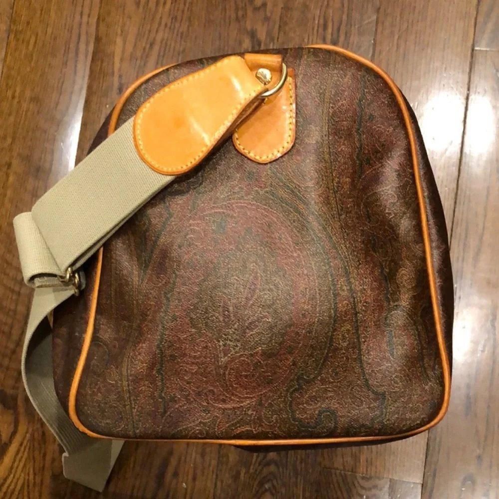 ETRO MILANO Paisley Coated Canvas Vachetta Leather Boston Shoulder Weekend Bag